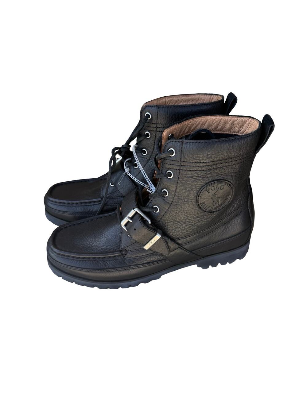 Polo Ralph Lauren Ranger Boots Mens 9.5 Black Leather Buckle Moc Toe NWOT